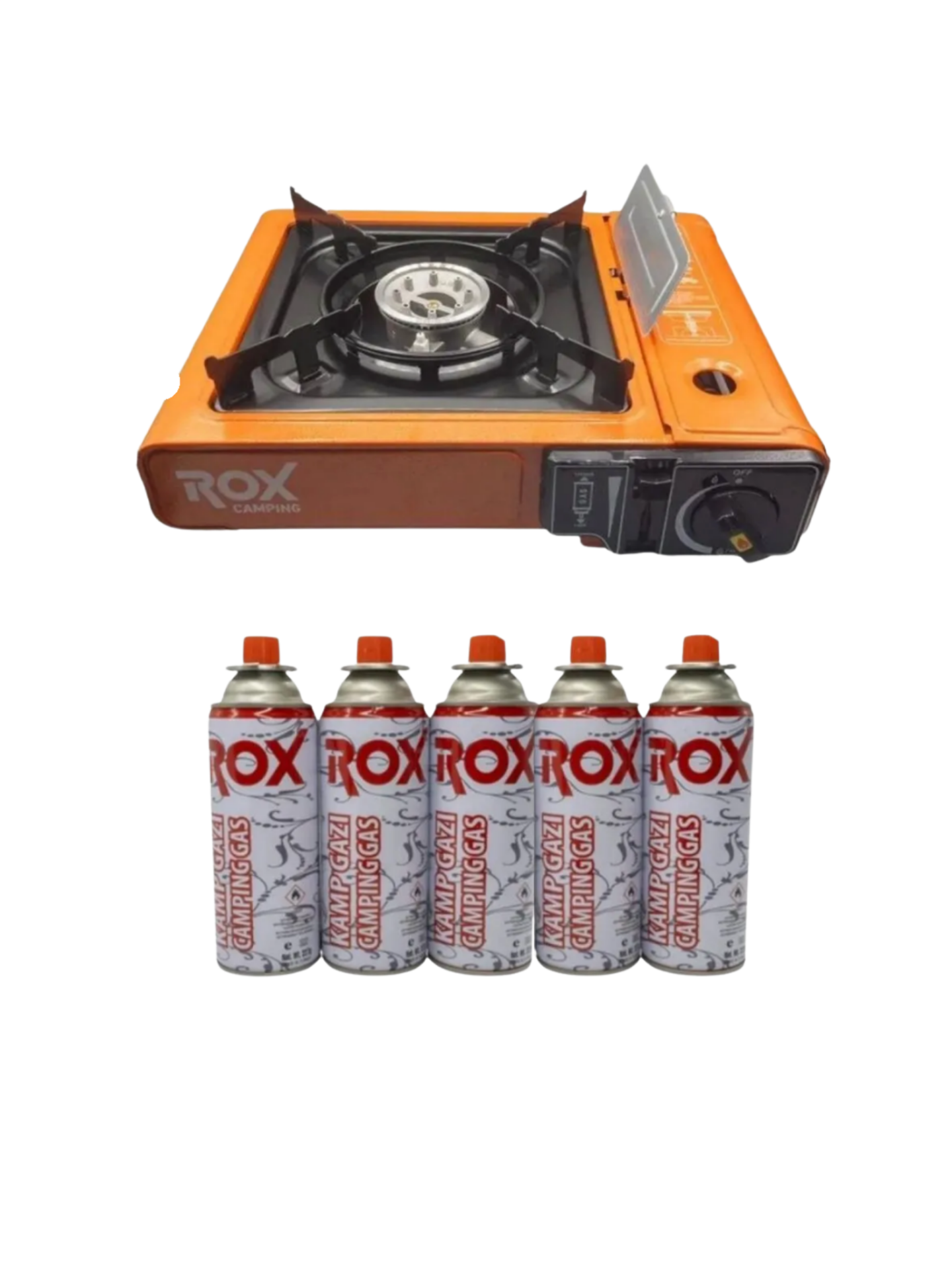 Rox Portatif Kamp Ocağı- Turuncu, Rüzgarlıklı, Ekstra Gaz Girişli, 5 Adet Gaz Kartuş Hediyeli