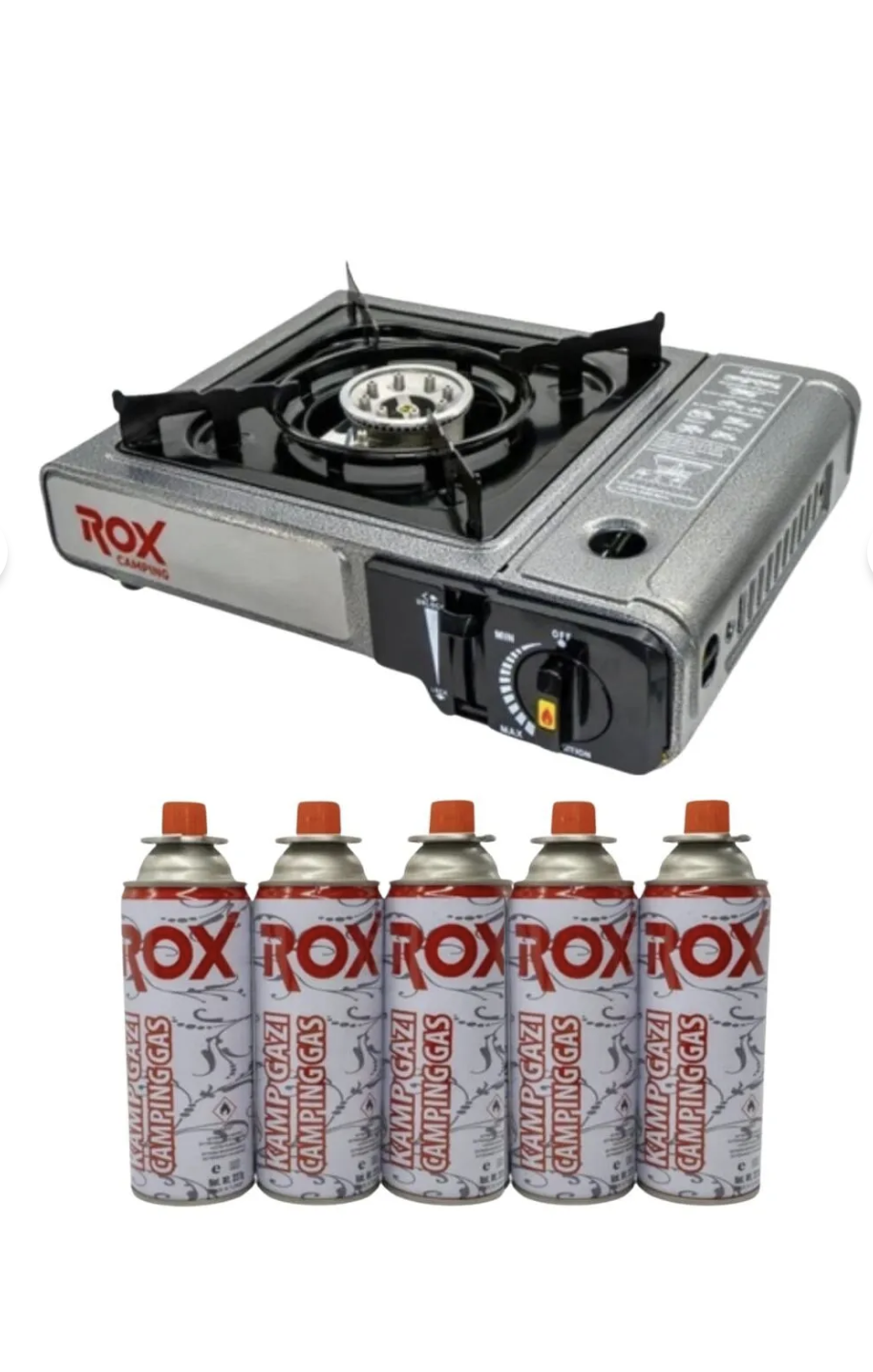 Rox Portatif Kamp Ocağı - Gri, Rüzgarlıklı, Ekstra Gaz Girişli, 5 Adet Gaz Kartuş Hediyeli