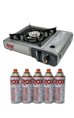 Rox Portatif Kamp Ocağı - Gri, Rüzgarlıklı, Ekstra Gaz Girişli, 5 Adet Gaz Kartuş Hediyeli