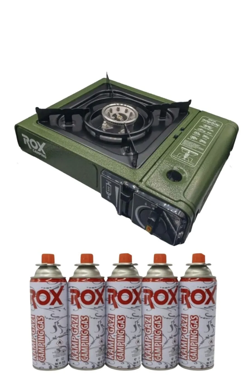 Rox Portatif Kamp Ocağı - Yeşil, Rüzgarlıklı, Ekstra Gaz Girişli, 5 Adet Gaz Kartuş Hediyeli